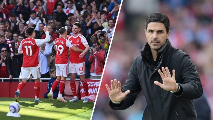 Arsenal stars Gabriel Martinelli, Leandro Trossard and Declan Rice celebrate (left), Mikel Arteta looks on (right)