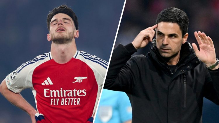 Split image of Declan Rice after the UEFA Champions League 2024/25 Semi Final Second Leg match between Paris Saint-Germain and Arsenal (L) and Mike...