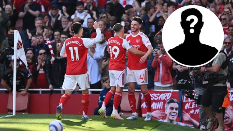 Declan Rice of Arsenal celebrates scoring his team's first goal with teammate Leandro Trossard during the Premier League match between Arsenal FC a...