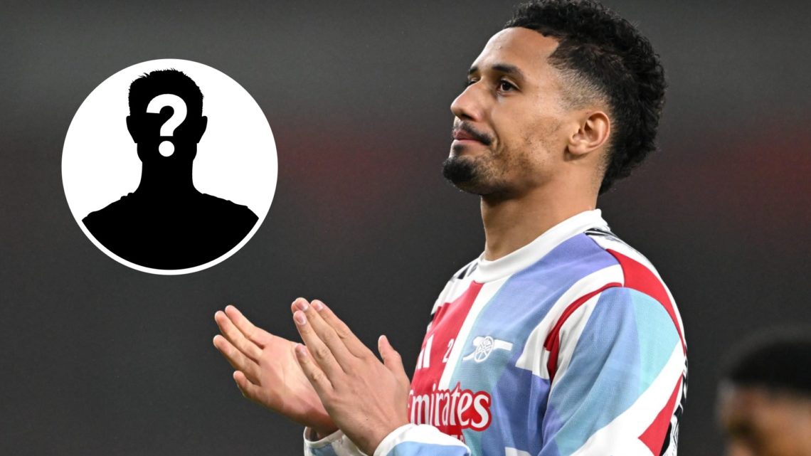 William Saliba applauds the fans during the warm up prior to the Premier League match between Arsenal and Tottenham Hotspur with mystery icon inset.