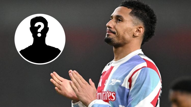 William Saliba applauds the fans during the warm up prior to the Premier League match between Arsenal and Tottenham Hotspur with mystery icon inset.