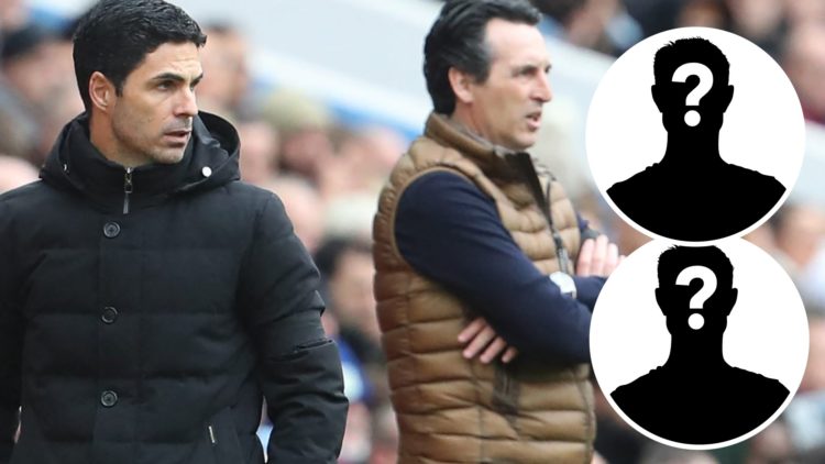 Mikel Arteta and Unai Emery watch from the touchline during the Premier League match between Aston Villa and Arsenal with two mystery icon insets.