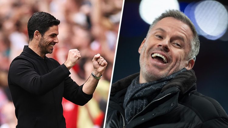 A split image featuring Arsenal boss Mikel Arteta celebrating alongside Jamie Carragher laughing