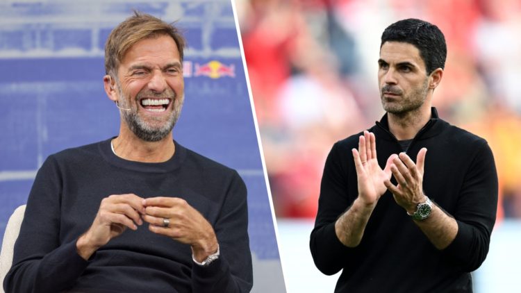 A split image featuring Jurgen Klopp smiling and Mikel Arteta applauding