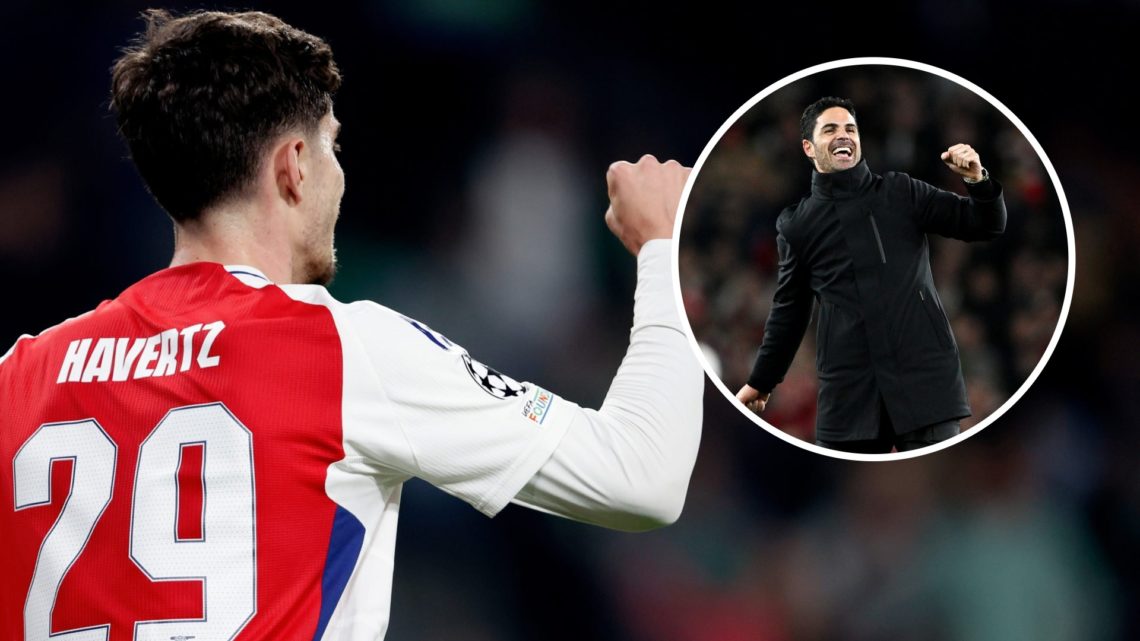 Kai Havertz celebrates during the UEFA Champions League match between Sporting CP and Arsenal with inset of Mikel Arteta after victory in the Premi...