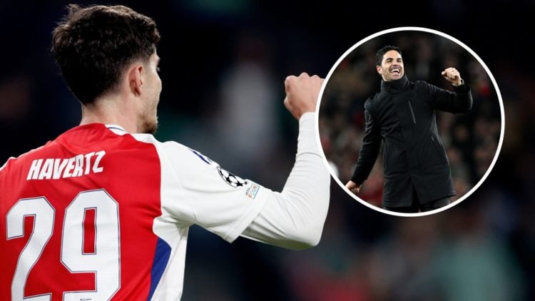 Kai Havertz celebrates during the UEFA Champions League match between Sporting CP and Arsenal with inset of Mikel Arteta after victory in the Premi...