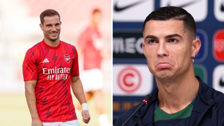 Split image of (L) Cedric Soares warming up before an Arsenal game and (R) Cristiano Ronaldo during a press conference