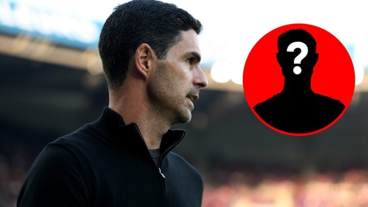 Mikel Arteta looks on before Arsenal's clash with PSG alongside a mystery player inset