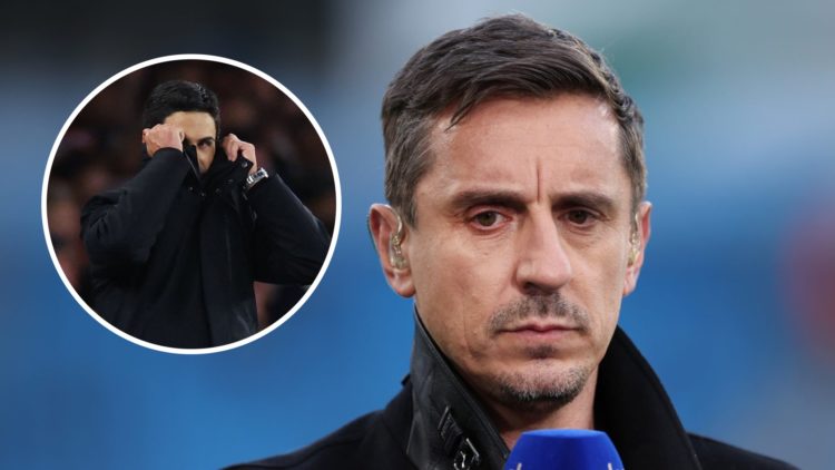 Sky Sports pundit Gary Neville prior to the Premier League match between Manchester City and West Ham United, inset, Arsenal manager Mikel Arteta d...