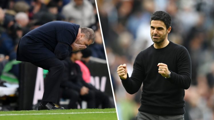 Split image of (L) Ange Postecoglou looking dejected during a Tottenham game and (R) Mikel Arteta celebrating after an Arsenal game