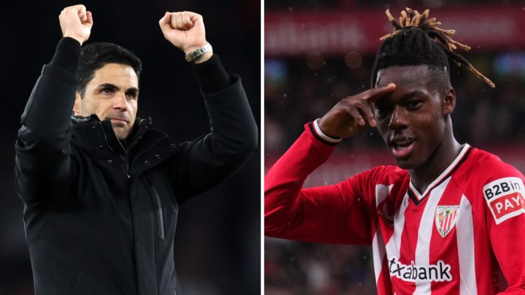A split image featuring Mikel Arteta celebrating alongside Nico Williams of Athletic Club