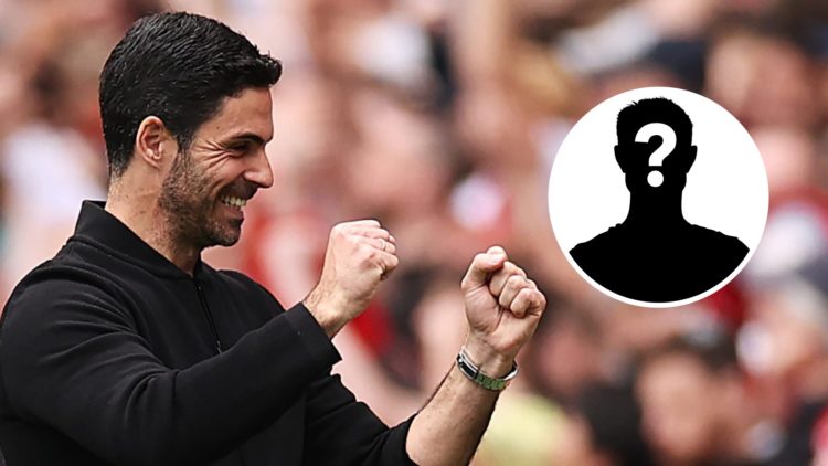 Image of Arsenal manager Mikel Arteta celebrating on the touchline with an inset of a mystery player