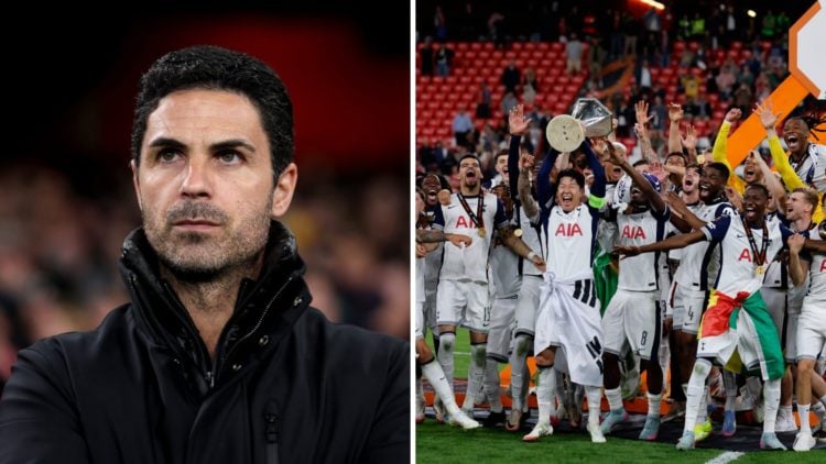 Mikel Arteta, Manager of Arsenal, looks on prior to the UEFA Champions League 2024/25 Round of 16 Second Leg match between Arsenal FC and PSV (L), ...