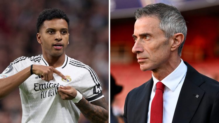 A split image featuring Rodrygo pointing at the Real Madrid alongside Arsenal sporting director Andrea Berta