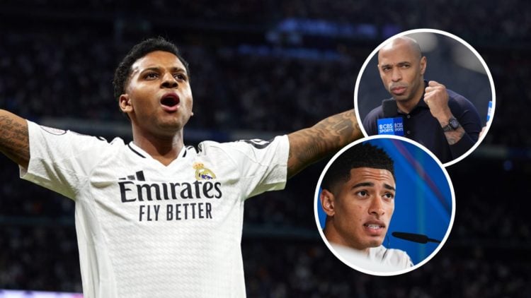 Rodrygo Goes celebrates during the Copa del Rey semifinal match between Real Madrid and Real Sociedad, insets, Thierry Henry during the game during...