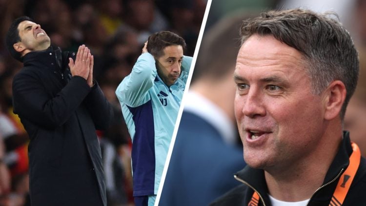 Split image of Mikel Arteta alongside Nicolas Jover (L) with Michael Owen during the UEFA Europa League 2023/24 final