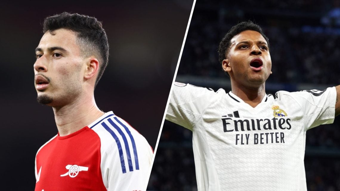 Split image of Gabriel Martinelli the Premier League match between Arsenal and Manchester City (L) and Rodrygo during the Copa del Rey semifinal ma...
