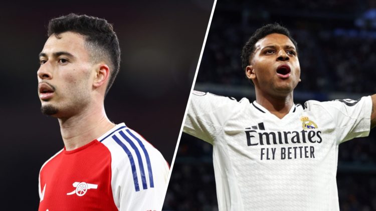 Split image of Gabriel Martinelli the Premier League match between Arsenal and Manchester City (L) and Rodrygo during the Copa del Rey semifinal ma...