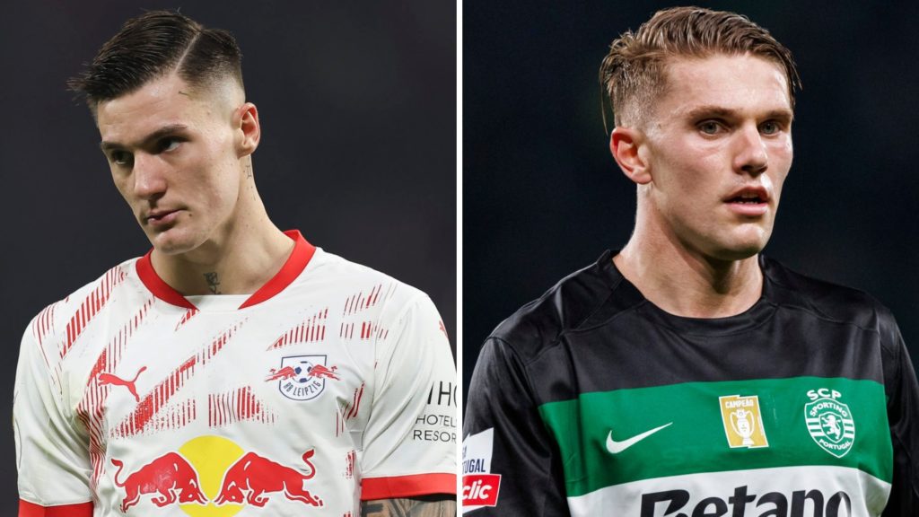 Benjamin Sesko of RB Leipzig looks on during the DFB Cup quarterfinal match between RB Leipzig and VfL Wolfsburg (L), Viktor Gyokeres of Sporting looks on during the Liga Portugal Betclic match between Sporting CP and Gil Vicente at Estadio Jose Alvalade (R)