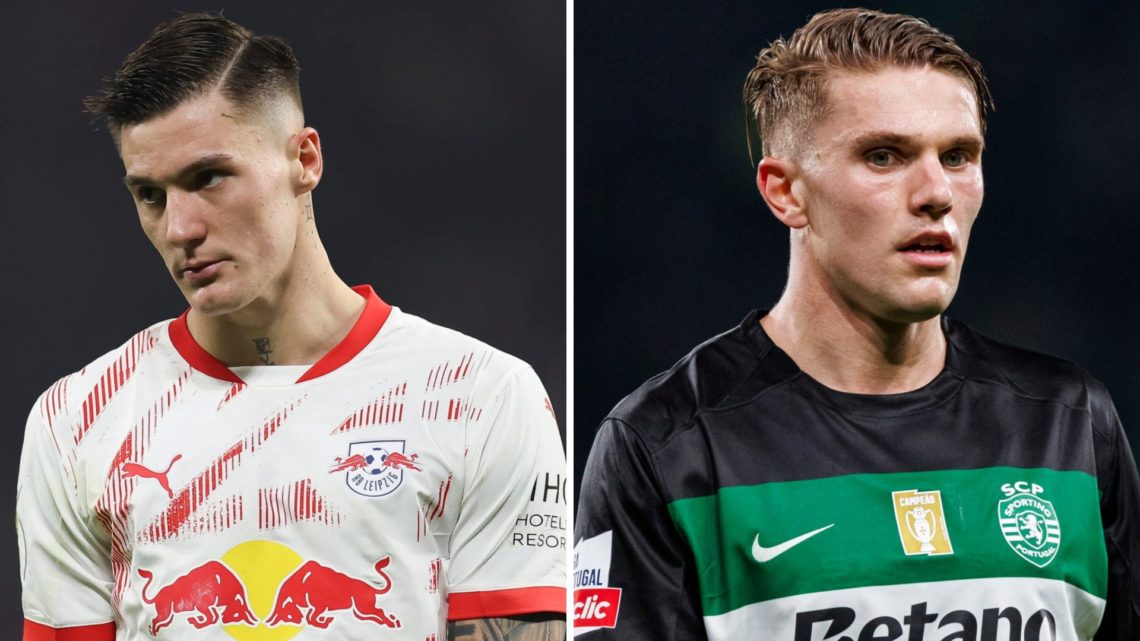 Benjamin Sesko of RB Leipzig looks on during the DFB Cup quarterfinal match between RB Leipzig and VfL Wolfsburg (L), Viktor Gyokeres of Sporting l...