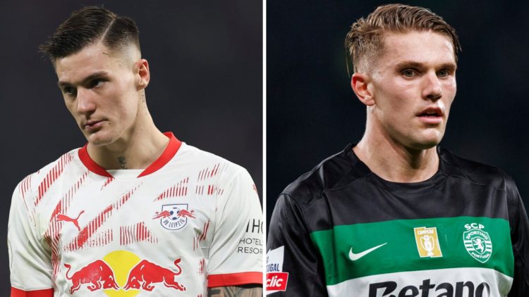 Benjamin Sesko of RB Leipzig looks on during the DFB Cup quarterfinal match between RB Leipzig and VfL Wolfsburg (L), Viktor Gyokeres of Sporting l...