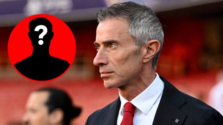 An image featuring Andrea Berta looking on during an Arsenal match next to a mystery player inset
