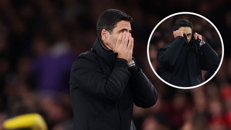 Mikel Arteta reacts after Jean-Philippe Mateta’s goal against Arsenal with inset of Mikel Arteta during the UEFA Champions League 2024/25 Semi Fina...