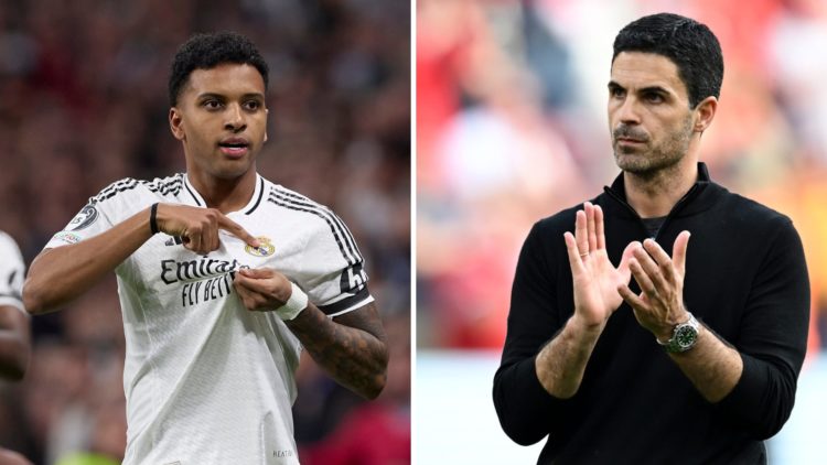 Rodrygo celebrates during a Real Madrid match (L), Mikel Arteta, Manager of Arsenal, applauds the fans after the draw in the Premier League match b...
