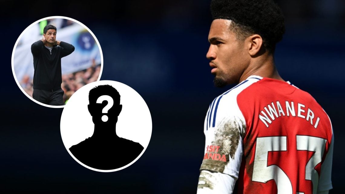 Image of Ethan Nwaneri during an Arsenal game with insets of Mikel Arteta looking dejected and a mystery player