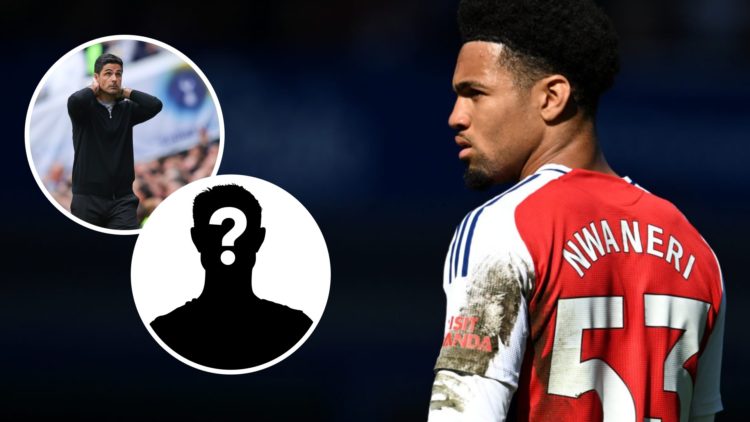 Image of Ethan Nwaneri during an Arsenal game with insets of Mikel Arteta looking dejected and a mystery player