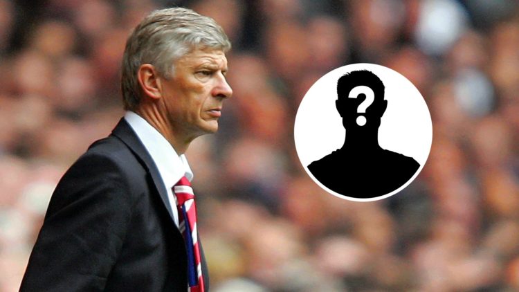 Image of Arsene Wenger looking on during the FA Cup final of 2005 between Arsenal and Manchester United with an inset of a mystery player