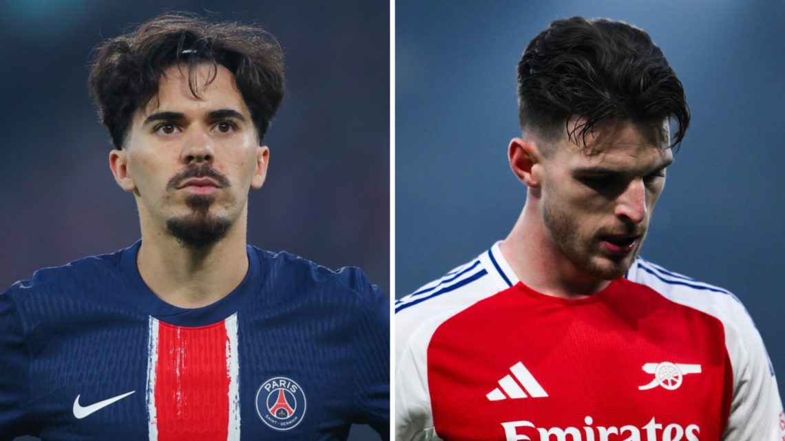 Left: Vitinha looks on during the Champions League game between PSG and Arsenal. Right: Declan Rice looks dejected during the PSG-Arsenal Champions...