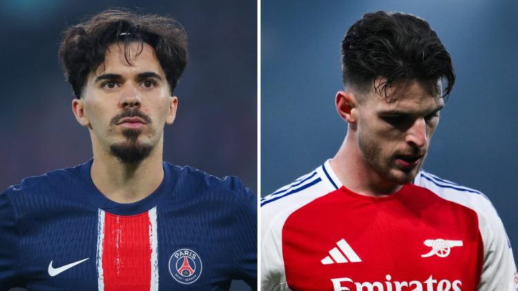 Left: Vitinha looks on during the Champions League game between PSG and Arsenal. Right: Declan Rice looks dejected during the PSG-Arsenal Champions...