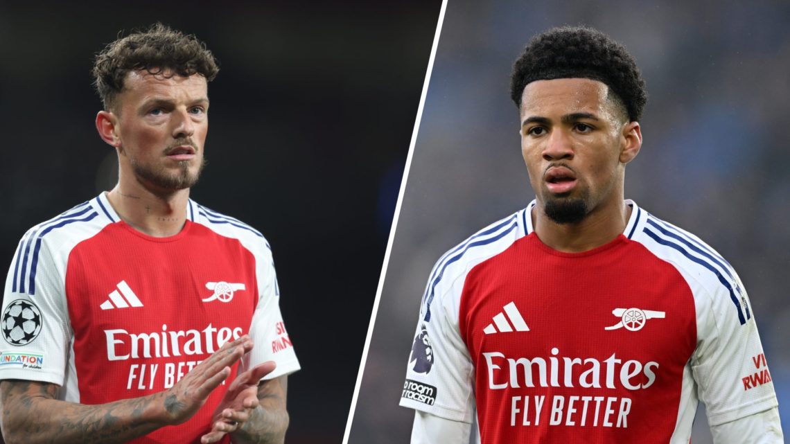 Split image of (L) Ben White applauding the fans after an Arsenal game and (R) Ethan Nwaneri looking on while playing for Arsenal