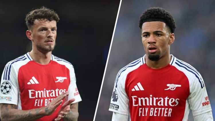 Split image of (L) Ben White applauding the fans after an Arsenal game and (R) Ethan Nwaneri looking on while playing for Arsenal