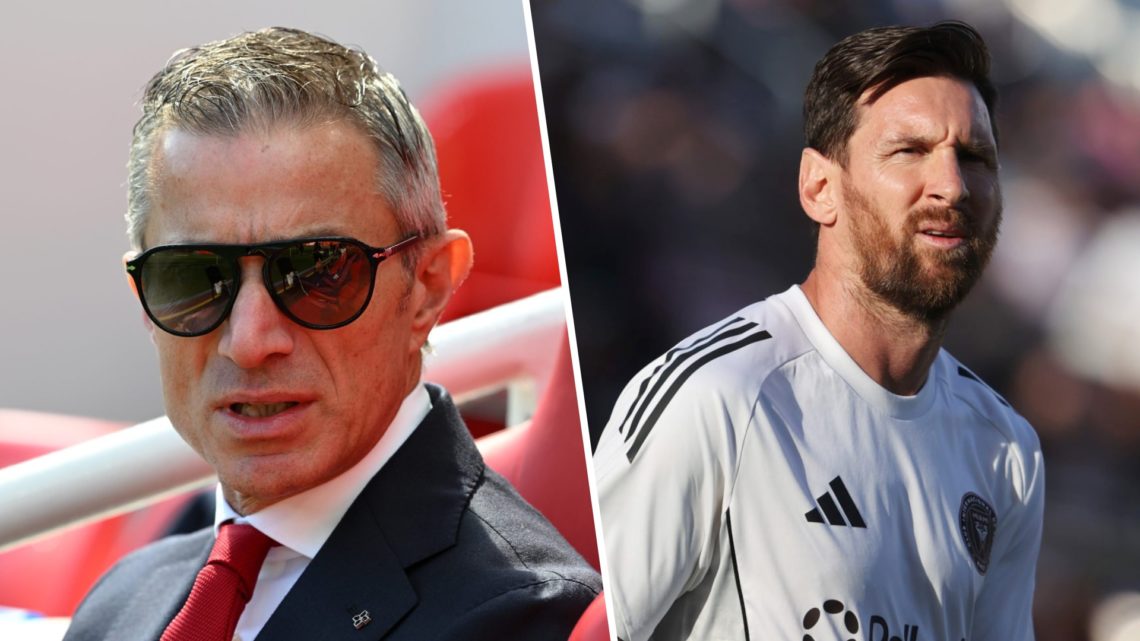 Andrea Berta, sporting director of Arsenal, looks on during a match, alongside Lionel Messi before an Inter Miami match