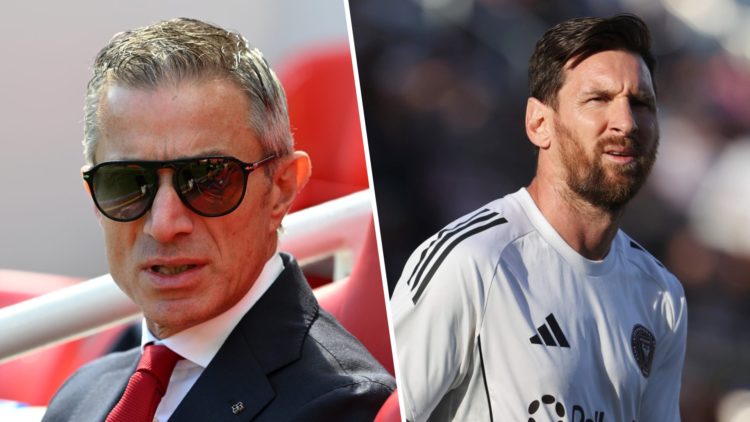 Andrea Berta, sporting director of Arsenal, looks on during a match, alongside Lionel Messi before an Inter Miami match