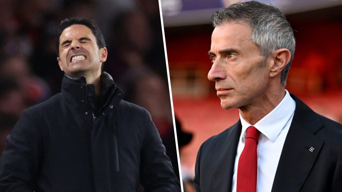 A split image with Mikel Arteta reacting during an Arsenal match alongside sporting director Andrea Berta