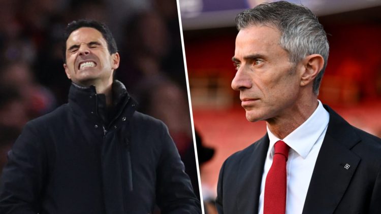 A split image with Mikel Arteta reacting during an Arsenal match alongside sporting director Andrea Berta