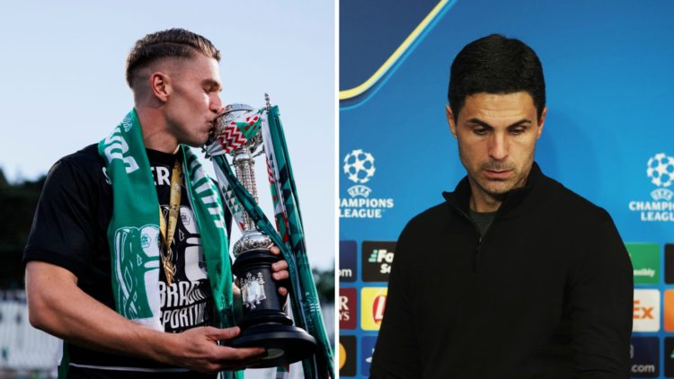 Viktor Gyokeres of Sporting poses for photos with the Portuguese Cup 2025 Winners Trophy after winning SL Benfica at Estadio Nacional do Jamor (L),...