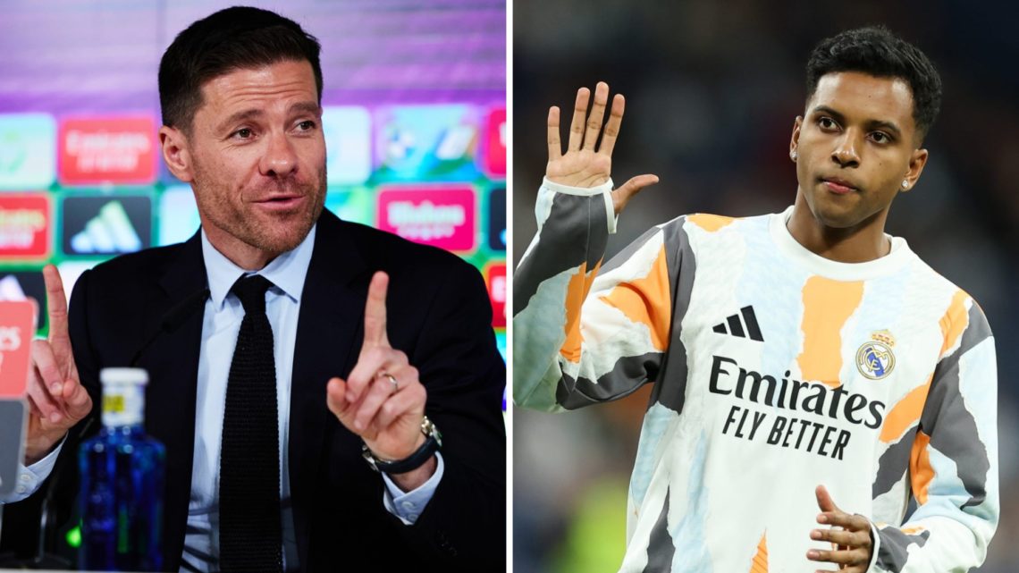 A split image featuring Xabi Alonso in his Real Madrid press conference alongside Rodrygo