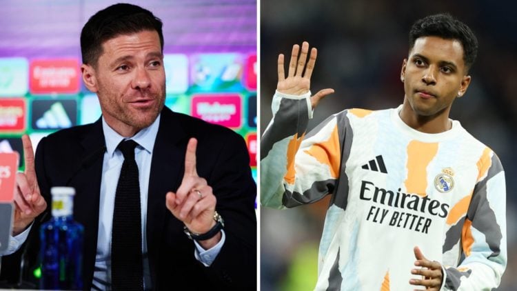 A split image featuring Xabi Alonso in his Real Madrid press conference alongside Rodrygo