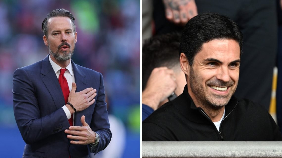 Josh Kroenke gestures during an Arsenal match alongside Mikel Arteta