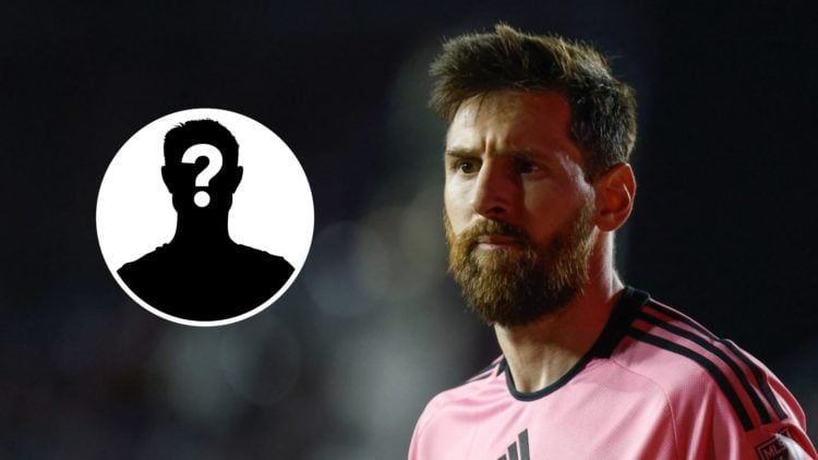 Image of Lionel Messi looking on during an Inter Miami game with an inset of a mystery player
