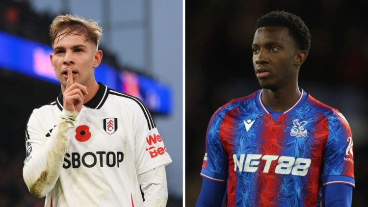 Emile Smith Rowe of Fulham celebrates scoring his team's first goal during the Premier League match between Crystal Palace FC and Fulham FC (L), Ed...