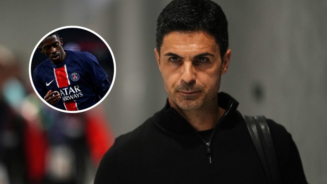 Mikel Arteta prior to the UEFA Champions League 2024/25 match between Real Madrid C.F. and Arsenal FC with inset of Ousmane Dembele during the Ligu...