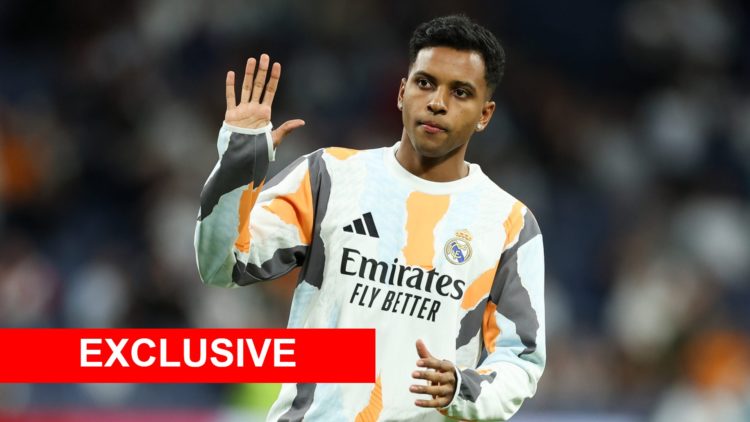 Rodrygo gestures during a Real Madrid match, overlaid an exclusive banner