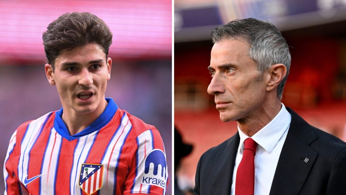 Julian Alvarez in action during Atletico de Madrid v Real Betis (L), Andrea Berta, Sporting Director of Arsenal, looks on prior to the UEFA Champio...