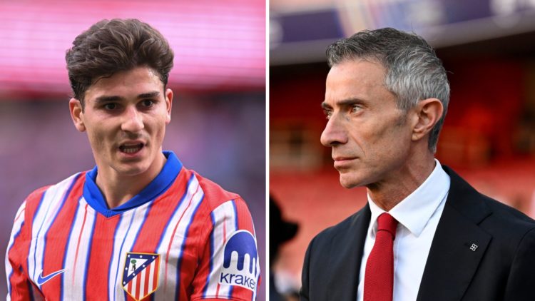 Julian Alvarez in action during Atletico de Madrid v Real Betis (L), Andrea Berta, Sporting Director of Arsenal, looks on prior to the UEFA Champio...