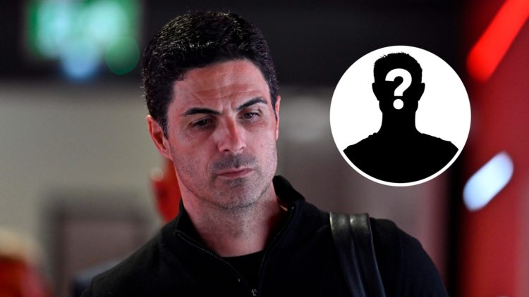 Mikel Arteta of Arsenal FC arrives for the UEFA Champions League 2024/25 Semi Final First Leg with mystery icon inset.